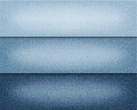 Vector various blue color jeans backgrounds, realistic denim cloth illustration, set of horizontal banners with blue denim texture.