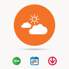 Cloud with sun icon. Sunny weather symbol. Calendar, download arrow and new tag signs. Colored flat web icons. Vector