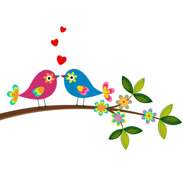 birds on a branch with hearts