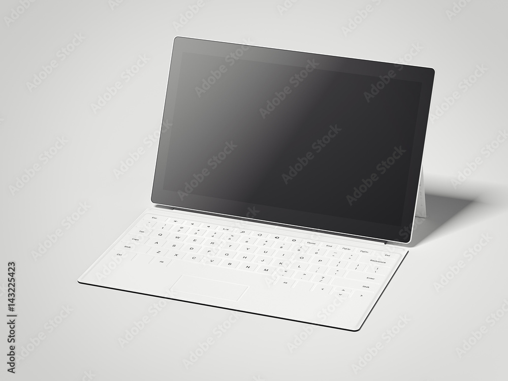 Poster opened white tablet with keyboard. 3d rendering