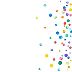 Sparse watercolor confetti on white background. Rainbow colored watercolor confetti scatter bottom gradient. Colorful hand painted illustration.
