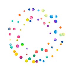 Sparse watercolor confetti on white background. Rainbow colored watercolor confetti bagel shaped frame. Colorful hand painted illustration.