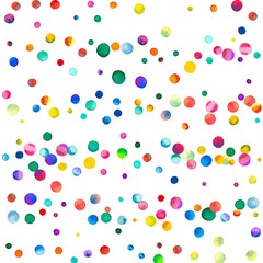 Sparse watercolor confetti on white background. Rainbow colored watercolor confetti chaotic scatter lines. Colorful hand painted illustration.