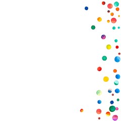 Sparse watercolor confetti on white background. Rainbow colored watercolor confetti abstract right border. Colorful hand painted illustration.