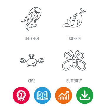 Jellyfish, crab and dolphin icons. Butterfly linear sign. Award medal, growth chart and opened book web icons. Download arrow. Vector