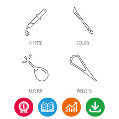 Pipette, medical scalpel and clyster icons. Tweezers linear sign. Award medal, growth chart and opened book web icons. Download arrow. Vector