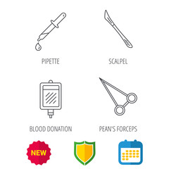 Blood donation, scalpel and pipette icons. Peans forceps linear sign. Shield protection, calendar and new tag web icons. Vector
