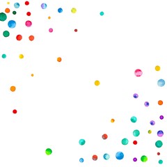 Sparse watercolor confetti on white background. Rainbow colored watercolor confetti abstract chaotic scatter. Colorful hand painted illustration.