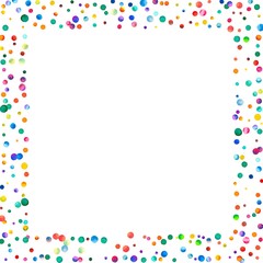 Dense watercolor confetti on white background. Rainbow colored watercolor confetti square scattered border. Colorful hand painted illustration.