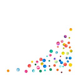 Sparse watercolor confetti on white background. Rainbow colored watercolor confetti bottom right corner. Colorful hand painted illustration.