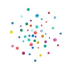Sparse watercolor confetti on white background. Rainbow colored watercolor confetti double circle. Colorful hand painted illustration.