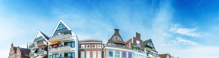 Sunset panoramic view of Travemunde buildings, Germany