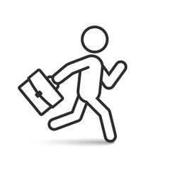 Businessman running with his briefcase, vector outline icon.