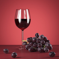 Glass of red wine and fresh grapes. 3d rendering