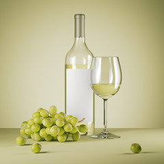 White wine bottle and Fresh grapes. 3d rendering