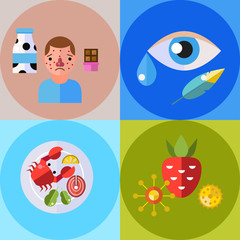 Allergy symbols disease healthcare tablets viruses and health flat label people with illness allergen symptoms disease information vector illustration.