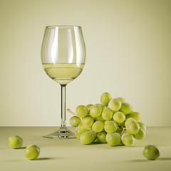 Glass of white wine and fresh grapes. 3d rendering