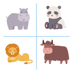 Obraz premium Cute zoo cartoon animals isolated funny wildlife learn cute language and tropical nature safari mammal jungle tall characters vector illustration.