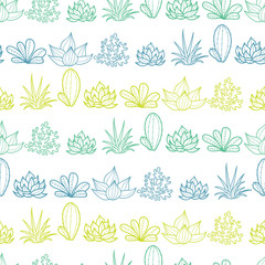 Vector Blue Green Lineart Stripes Seamless Repeat Pattern With Growing Succulents and Cacti In Pots. Trendy tropical design for textile, fabric, packaging, backdrops, wallpaper.