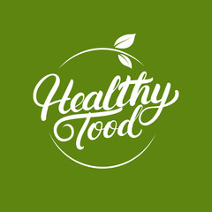 Healthy Food hand written lettering logo, label, badges or emblems for natural fresh products with leaves.