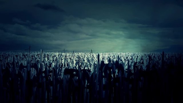 A Massive Army Crowd of Medieval Warriors Under a Storm