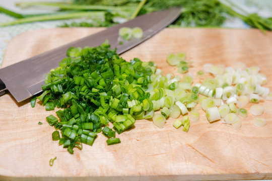 Greens for salad. Cut onions, fennel. Healthy food.