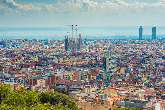 Aerial top view of Barcelona, Catalonia, Spain in the spring
