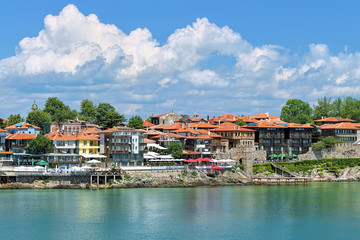 Fototapeta na wymiar View of Old Town of Sozopol (former ancient town of Apollonia) with Southern Fortress Wall and Tower on the coast of Black Sea in Bulgaria