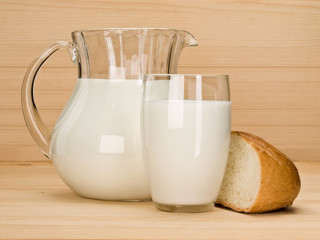 Piece of a white loaf and glassware filled with milk