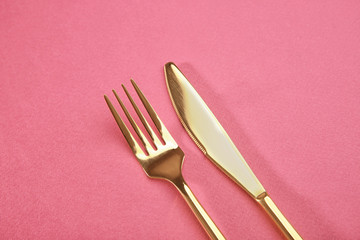 Fork and knife on color background