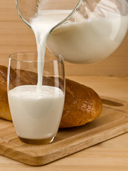 Filling of a glass by milk from a glass jug