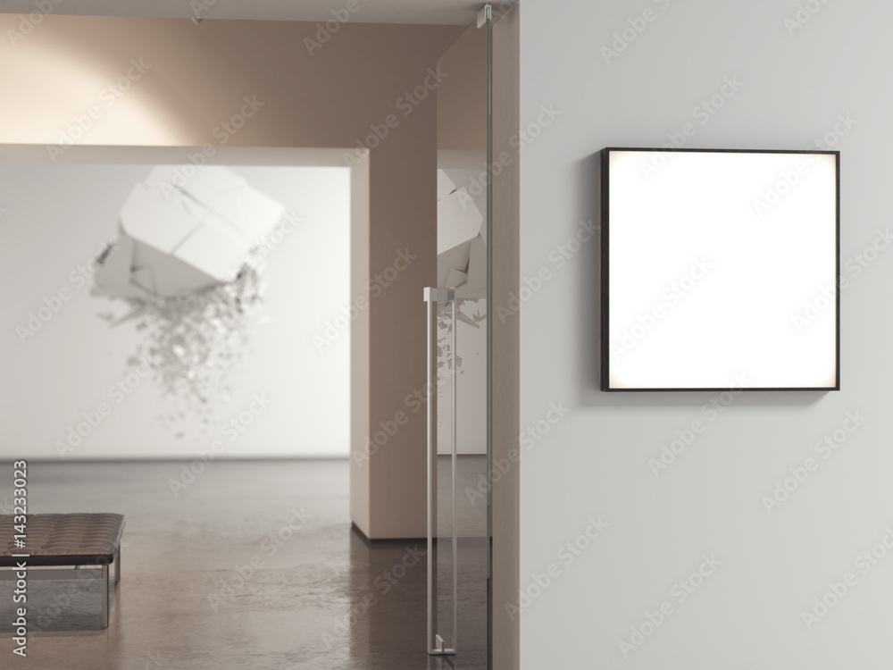 Poster modern gallery with blank light box at the entrance. 3d rendering