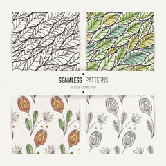 Set of seamless doodle floral and leaves patterns.