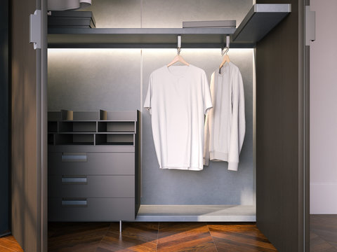 Wardrobe with blank empty t-shirts. 3d rendering
