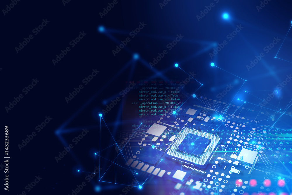 Poster 3d rendering of futuristic blue circuit board