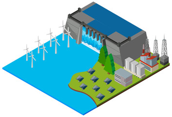 Dam and wind turbines in 3D design
