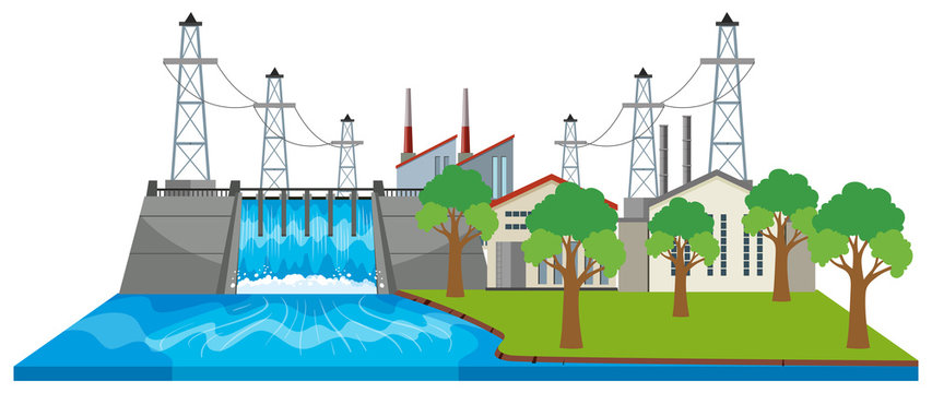power plant scene with water and trees clip art preview