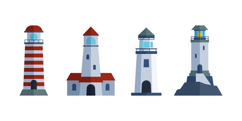 Cartoon flat lighthouse searchlight tower for maritime navigation guidance light vector illustration.