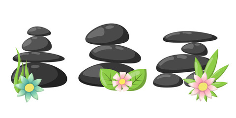 Pyramid from sea pebble relax heap stones isolated and healthy wellness black massage meditation natural tool spa balance therapy zen vector illustration.