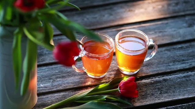 tea and milk on the wood backround