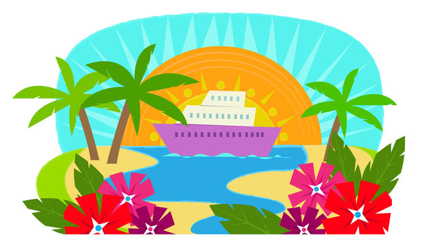 Cruise Ship - Clip art of a cruise ship with a view of a tropical island. Eps10