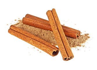 Three cinnamon sticks with powder on a white background