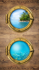 Two ship windows with ocean tropical island and underwater deep