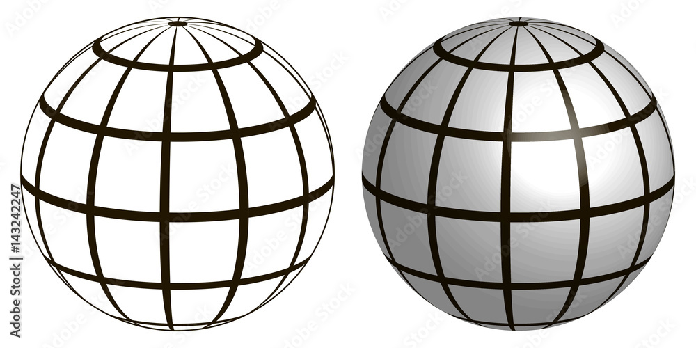 Poster Illustration of a wire frame planet sphere, graticule globe Meridian and parallel field lines on the surface Meridian and parallel, vector template graticule