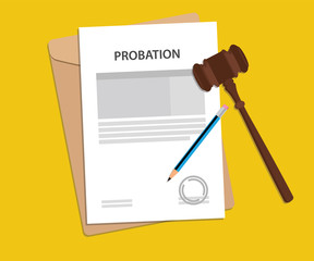 Probation text on stamped paperwork illustration with judge hammer and folder document with yellow background