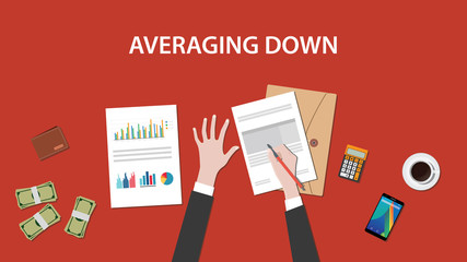 illustration of a man writing analysis for averaging down on paperwork with red pencil and money, calculator and folder document on top of table
