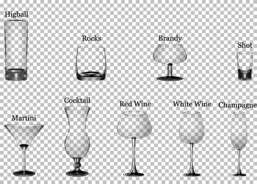 Set of transparent glasses goblets, vector icon