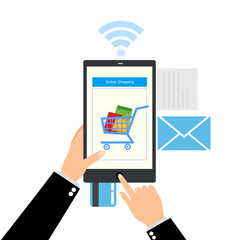  Flat design style  illustration of modern smartphone with the processing of mobile payments from credit card on the screen Near field communication technology concept Isolated on white background