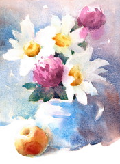 Watercolor Daisies In A Vase Hand Painted Floral Background Texture Illustration