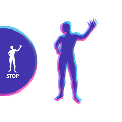 Vector man with hand up to stop. Human showing stop gesture. Silhouette of a standing man. Vector illustration. 